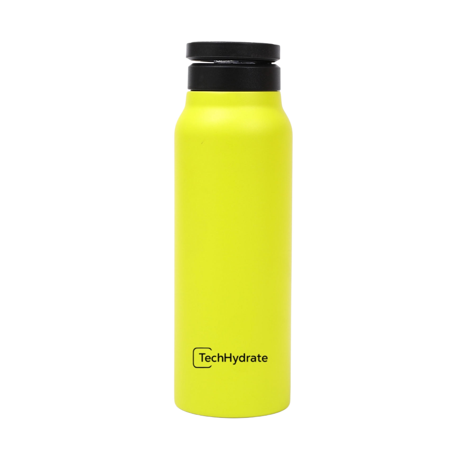 TechHydrate® Water Bottle in vibrant yellow with built-in mobile holder, perfect for adventurers and athletes.