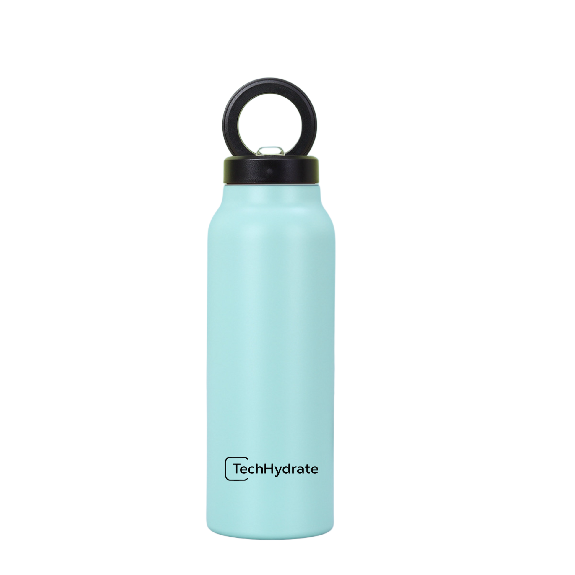 TechHydrate® water bottle with built-in phone holder, ideal for adventurers and athletes, shown in sleek blue design.