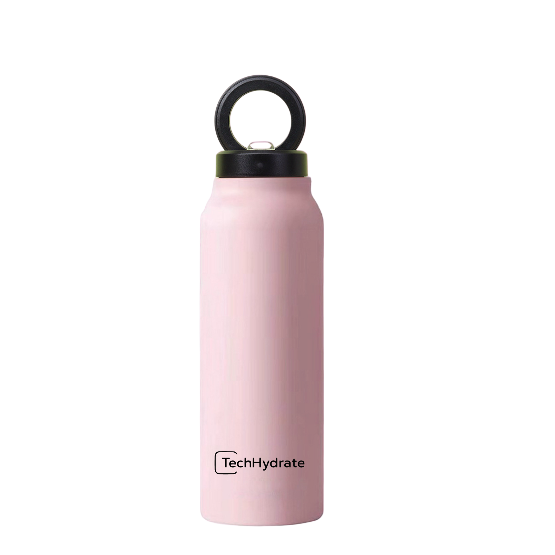 TechHydrate® pink water bottle with built-in phone holder, perfect for adventurers, compatible with MagSafe devices.